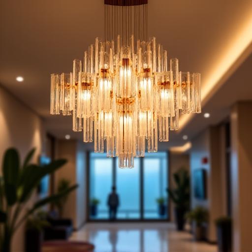 A unique, modern chandelier in a hotel lobby.